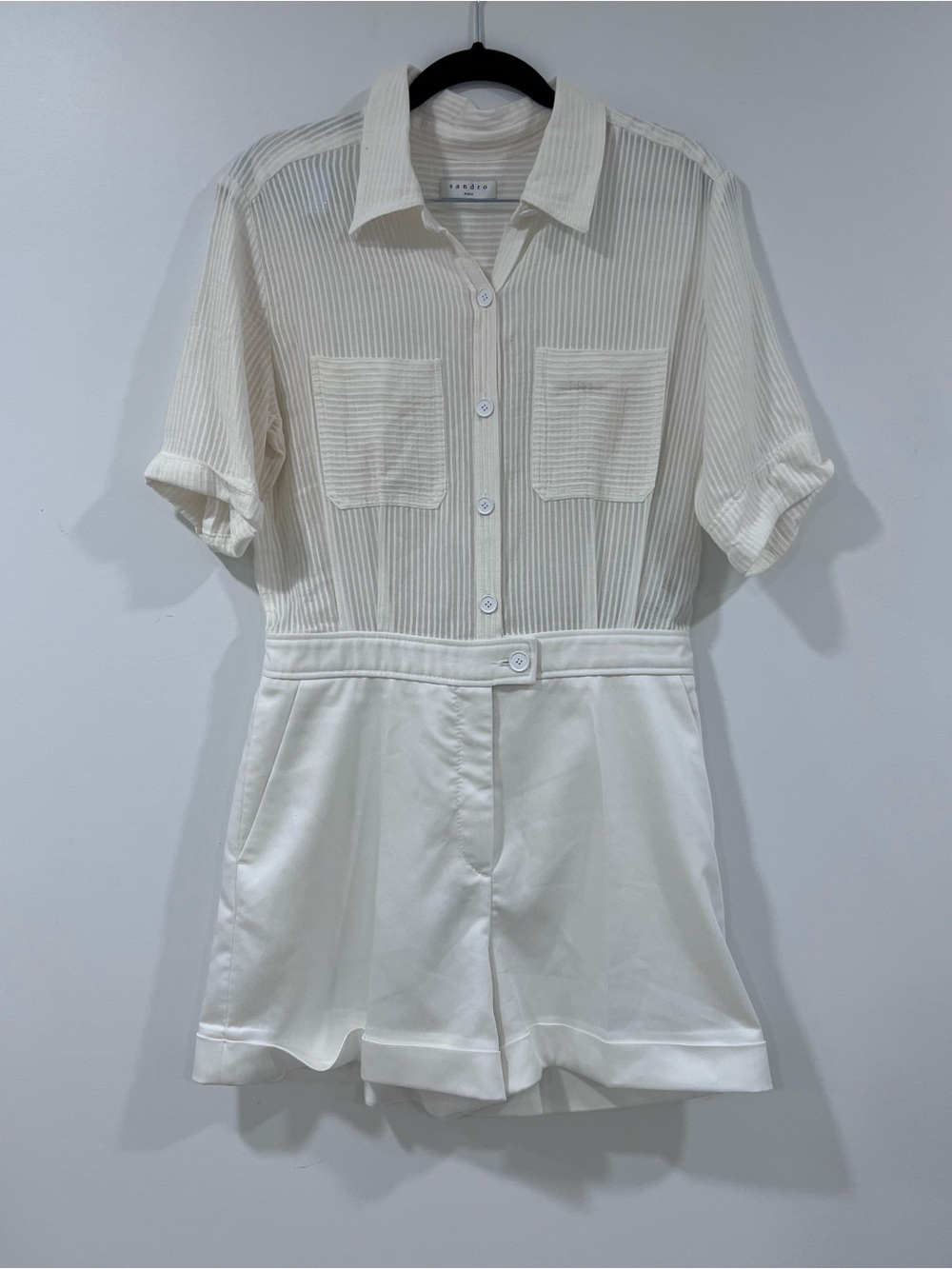 Sandro Cream Textured Short Sleeve Romper